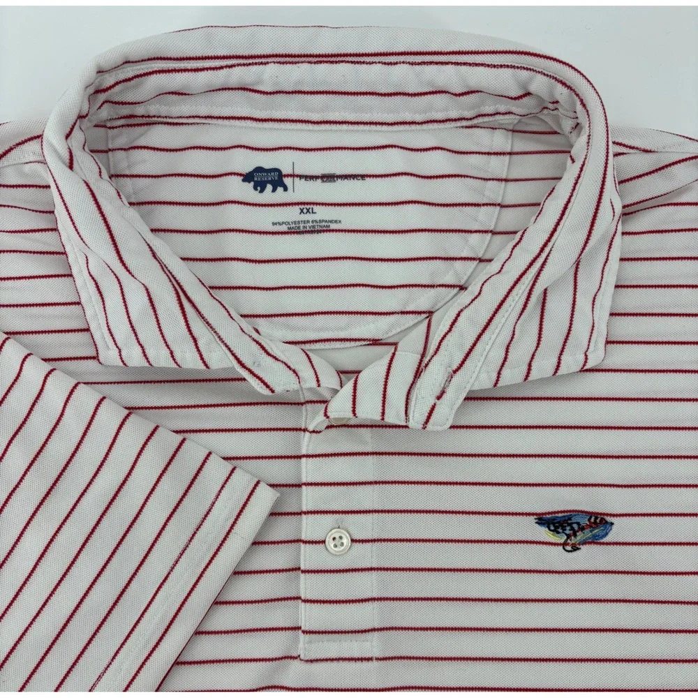 Onward Reserve Performance Polo Shirt Men XXL Red White Striped Fly Fishing Logo - Picture 1 of 7